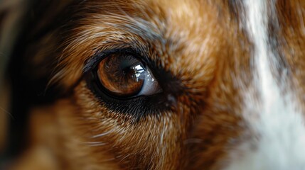 Detailed close-up of a brown and white dog's eye. Perfect for pet care or animal health concepts