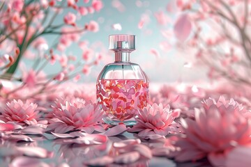 Obraz na płótnie Canvas Perfume Bottle and Flower Petals an elegant perfume bottle