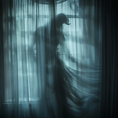 A ghostly blurred silhouette emerging behind a bedroom windows curtain in the dead of night - obrazy, fototapety, plakaty