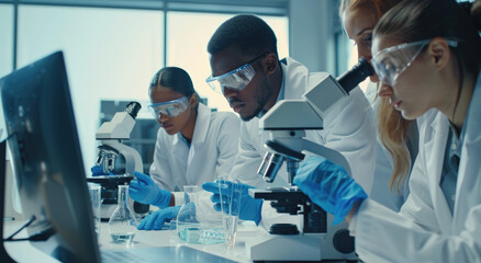  scientists in white coats working together on an experiment, while another scientist watches from behind holding his tablet computer and wearing blue gloves - obrazy, fototapety, plakaty
