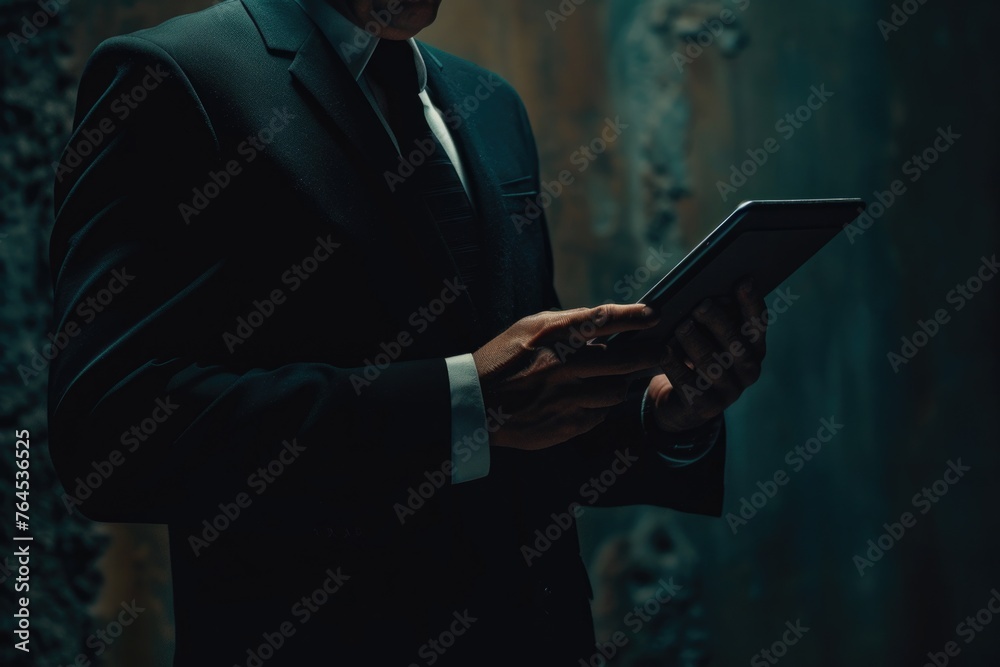 Aufkleber A man in a suit holding a tablet computer. Ideal for technology and business concepts
