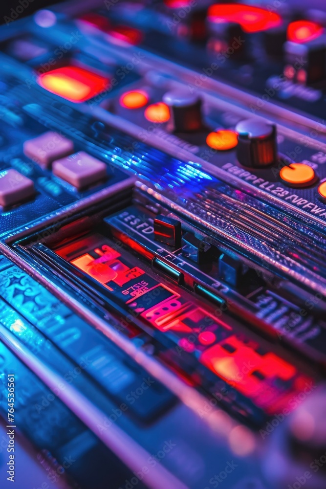 Poster close up of a sound board with red and blue lights. perfect for music production or djing events