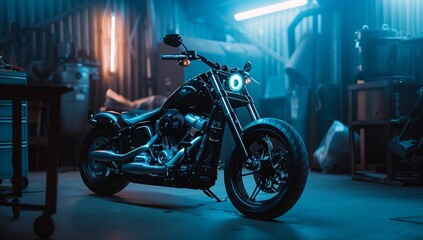 A black motorcycle with sleek automotive design sits in a dimly lit garage with its tires, wheels, and rims barely visible in the shadows