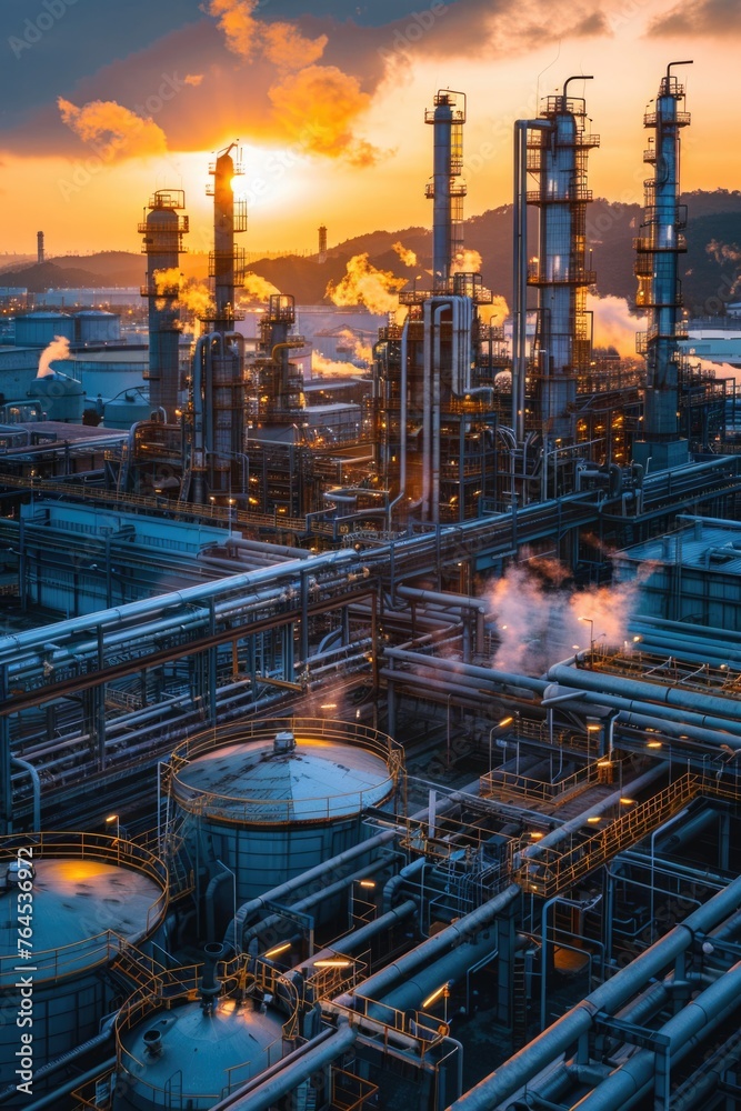 Poster a large factory with numerous pipes and tanks. suitable for industrial concepts