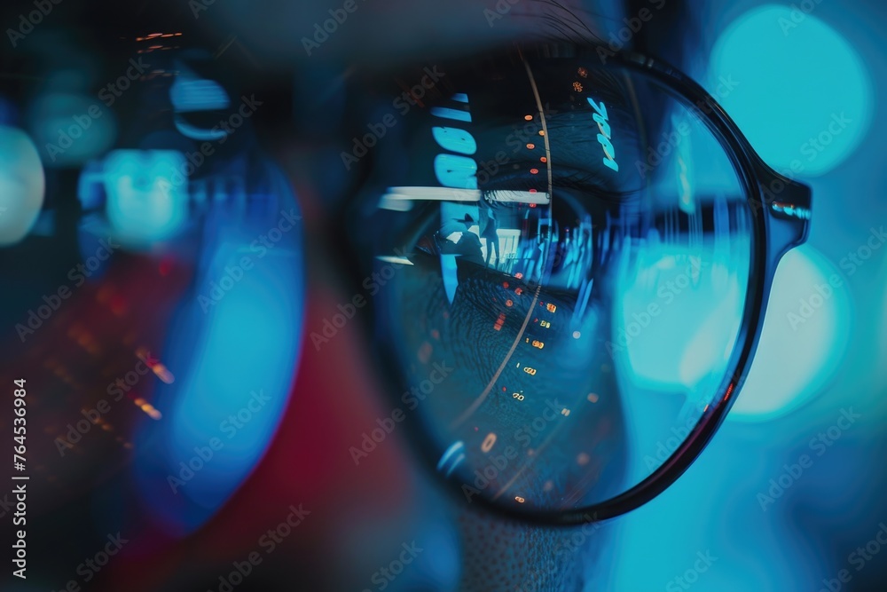 Poster a close up of a pair of glasses with lights in the background. perfect for technology concepts