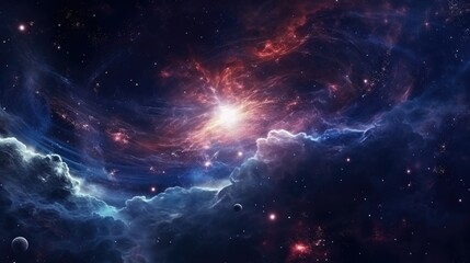 Cosmic voyage, celestial dance of space scene with swirling galaxy, nebula, and distant planet, power and energy of swirling galaxies and dark matter in space, glowing star fantastic background