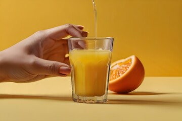 orange juice in a woman's hand on a yellow background Generative AI