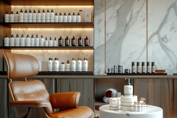 Obraz na płótnie Canvas Gentleman Skincare Station a sophisticated skincare station with a leather upholstered chair