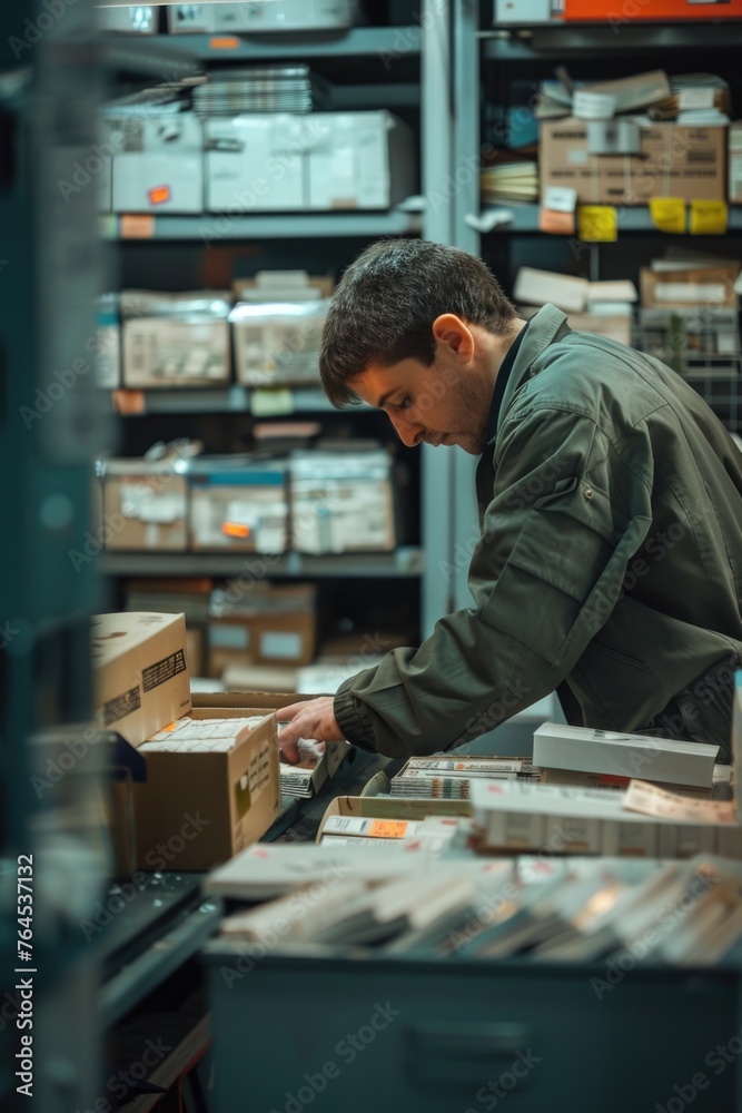 Poster A man examining a box in a retail store. Perfect for marketing and retail concepts