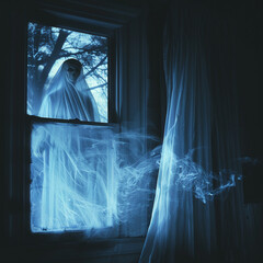 A sinister vague outline of a ghostly figure appearing in a bedroom window at night - obrazy, fototapety, plakaty