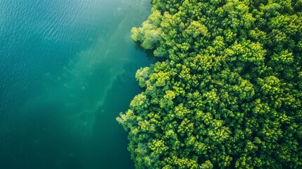 Aerial view of mangrove forest and sea.