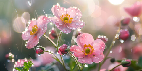  Delicate pink flowers with fresh dew drops on a cherry or apple flower bud in summer sun with blurred background and wallpaper 
