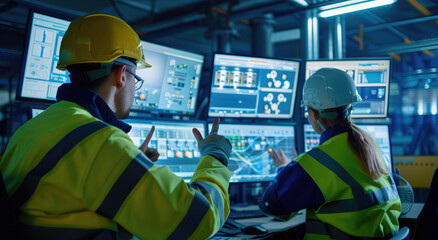 Two engineers in high vis wear and hard hats, working together at an industrial control panel with multiple computer screens displaying various energy data