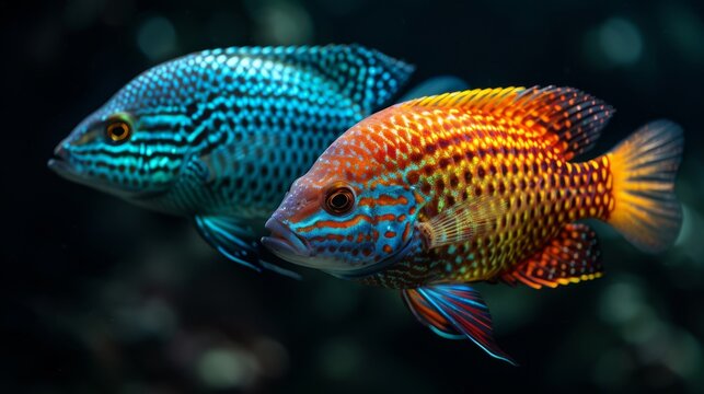  A pair of vibrant fish swimming alongside each other over the azure and turquoise ocean filled with water