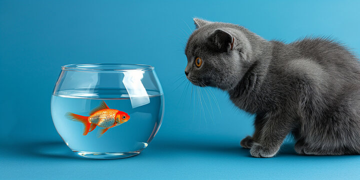 S&uuml;&szlig;e BKH Zucht Katze Gesicht mit Goldfisch im Glas Nahaufnahme