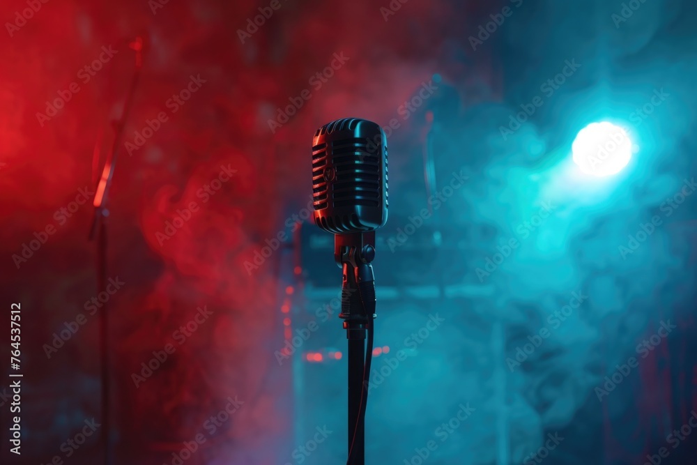 Poster A microphone on a stand in front of a stage. Suitable for music and performance concepts