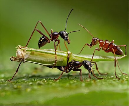 Close-up image depicting industrious ants transporting a deceased grasshopper through the dense foliage of Indonesia's landscape.