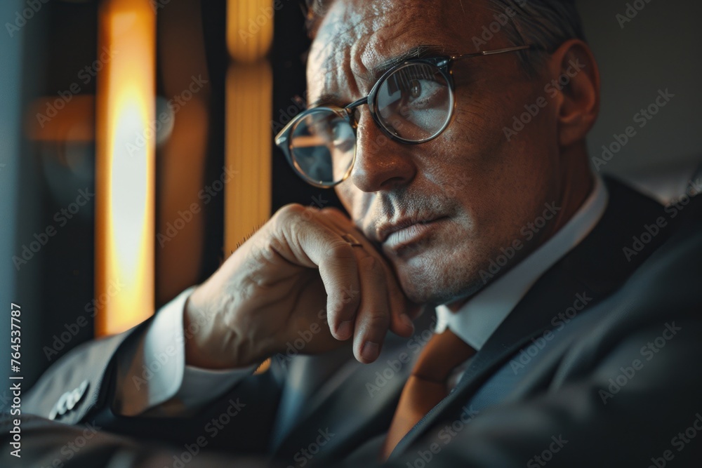 Poster a man in a suit and tie sitting in a chair. suitable for business concepts