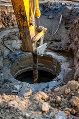 Fototapeta premium A yellow excavator digging a hole in the ground. Suitable for construction and industrial concepts