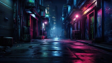 Dark street in cyberpunk city, gloomy alley with neon lighting