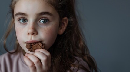 A little girl enjoying a chocolate cookie. Perfect for food and childhood themes