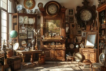A room filled with lots of antique furniture. Suitable for interior design concepts