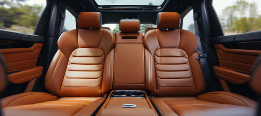 Luxurious front view of brown leather back passenger seats in modern stylish luxury car