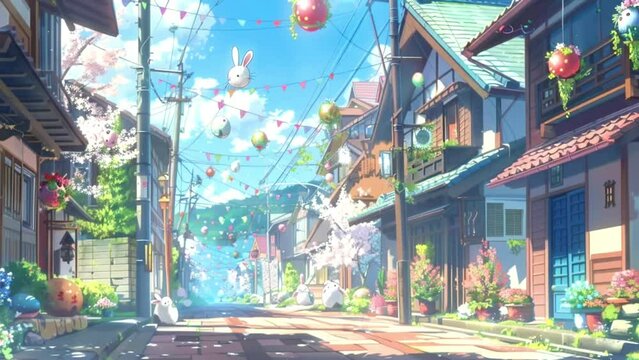 cheerful anime street is filled with houses, each hosting Easter egg hunts and festive gatherings, spreading cheer and happiness throughout the neighborhood, Seamless looping 4k video background anima