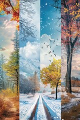 A series of four images depicting a winter landscape. Suitable for various winter-themed projects