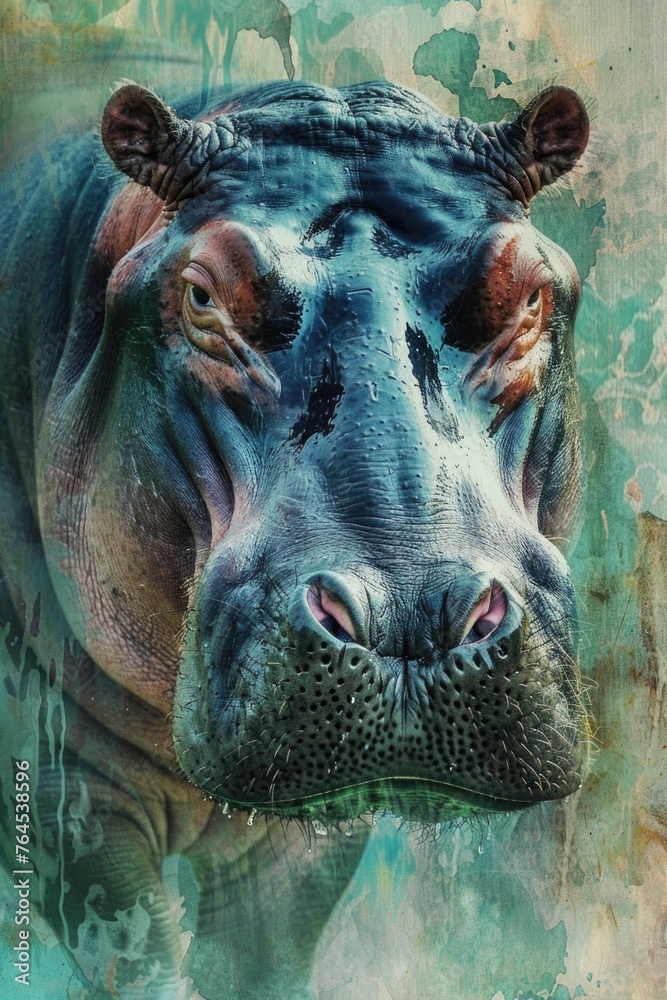 Aufkleber A close-up image of a hippo with a grungy background, suitable for various design projects