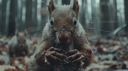  A high-resolution photo of a bloodied squirrel sitting in front of a dense forest backdrop