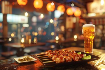 Japanese pub Scene with Yakitori Skewers an Japanese pub scene with plates of grilled yakitori skewers