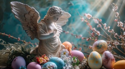 A beautiful statue of an angel surrounded by colorful Easter eggs. Perfect for Easter decorations - obrazy, fototapety, plakaty