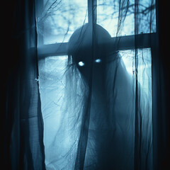 The unsettling sight of a ghostly silhouette barely visible behind a fluttering bedroom window curtain in a dark