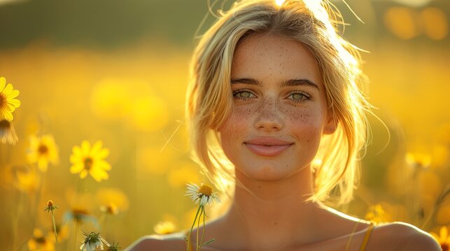  A female subject capturing a beam of sunlight amidst sunflower fields, beaming into the lens