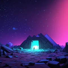 Foto op Plexiglas anti-reflex AI Generative image of silhouetted figure standing before a glowing portal in mystical ruins under a starry night sky © aminkorea
