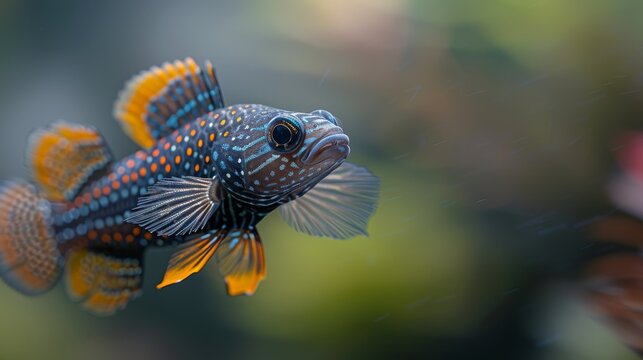  A detailed image of a vibrant fish, with a clear focus on its distinct blue-yellow coloring and orange spots against a softly blurred background