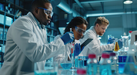  scientists in white coats working together on an experiment, while another scientist watches from behind holding his tablet computer and wearing blue gloves