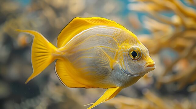  A yellow fish, closely photographed against a background of numerous aquatic creatures, faces the lens, its gaze penetrating the frame