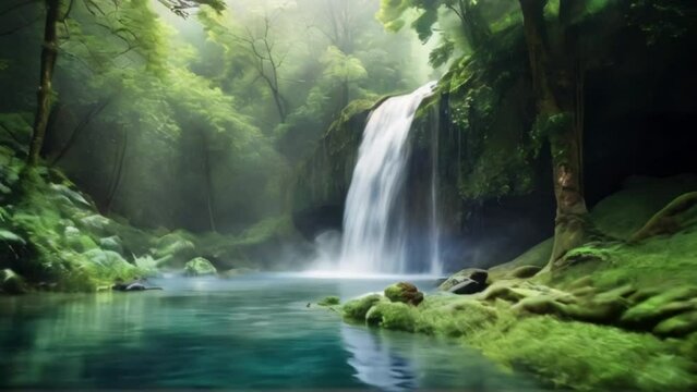 A serene pool at the base of a waterfall, reflecting the lush greenery of the surrounding forest, with a faint mist giving the scene an aura of enchantment