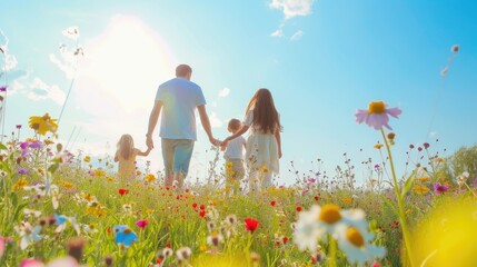 A happy family holding hands walks through a grassy field of flowers, surrounded by the beautiful natural landscape and vast sky. AIG41
