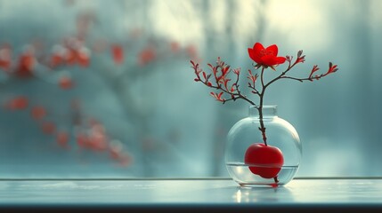  A red flower in a vase sits atop a table, beside a window