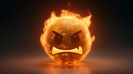 Illustration of a glowing, angry emoji encased in flames against a dark background, symbolizing strong emotions or digital communication.