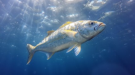  A fish glides through water, near its surface, with bubbles below