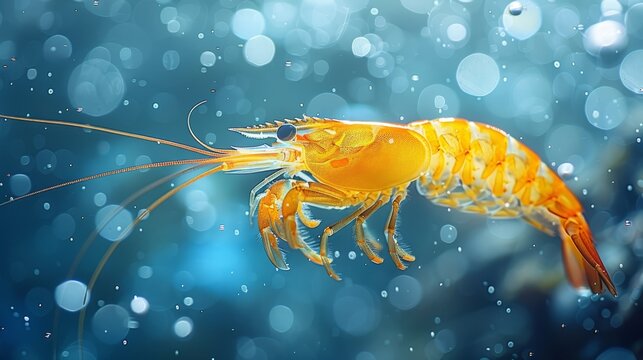  A high resolution photo of a bright yellow shrimp resting on a cerulean backdrop, surrounded by spheres of water The image features a soft focus in the distance