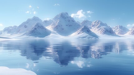  A mountain range mirrors in tranquil water, with snowy peaks backdrop