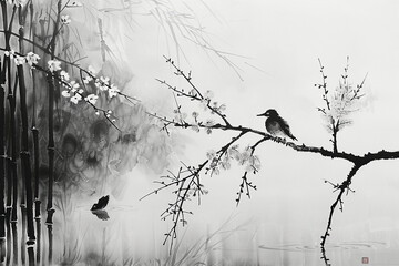 Two or three peach blossoms are blooming outside the bamboo forest, and the ducks playing in the water are the first to notice the warming of the river in early spring. The river beach was covered wit