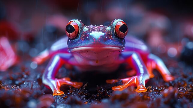  A detailed image of a crimson-eyed frog resting with droplets on its wet face