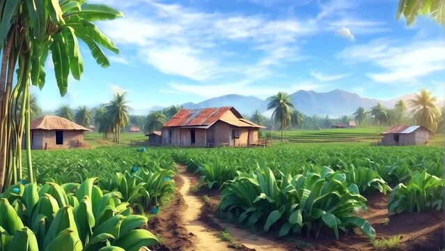 view of the banana plantation in the village. beautiful mountain backdrop