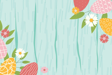 Fototapeta premium Easter background for banner, template. Trendy Easter design with flowers, basket of easter eggs, in pastel colors with texture on wooden background. Flat vector illustration